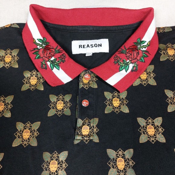 Reason Shirt Size 3XL Long Sleeve Polo Embroidered Rose Skull Snap Button - Picture 6 of 16